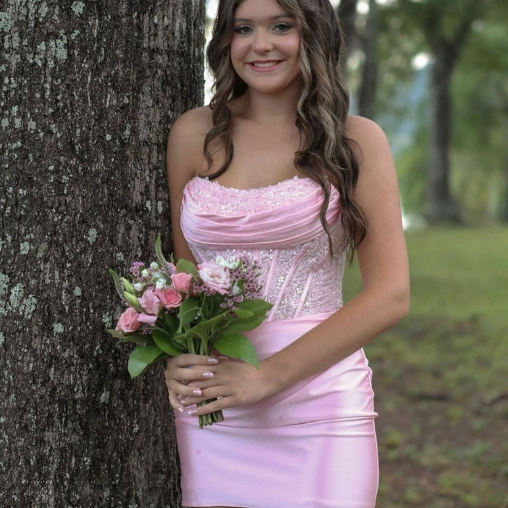 
                      
                        Strapless Dusty Blue Appliques Ruched Short Dress
                      
                    