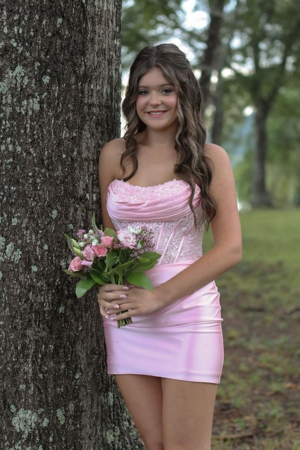 Strapless Dusty Blue Appliques Ruched Short Dress