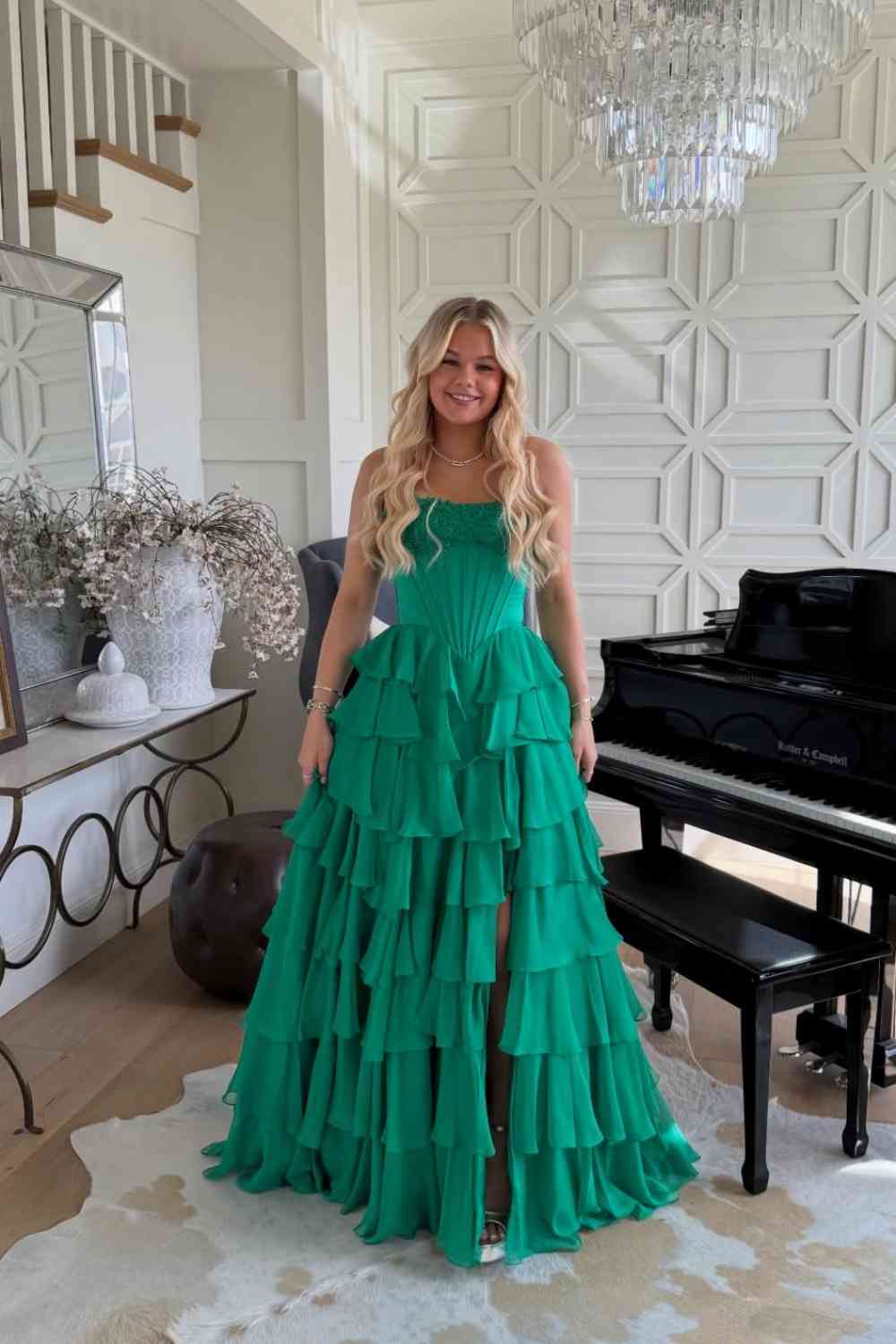 Strapless Pink Appliques Ruffled Long Dress with Slit