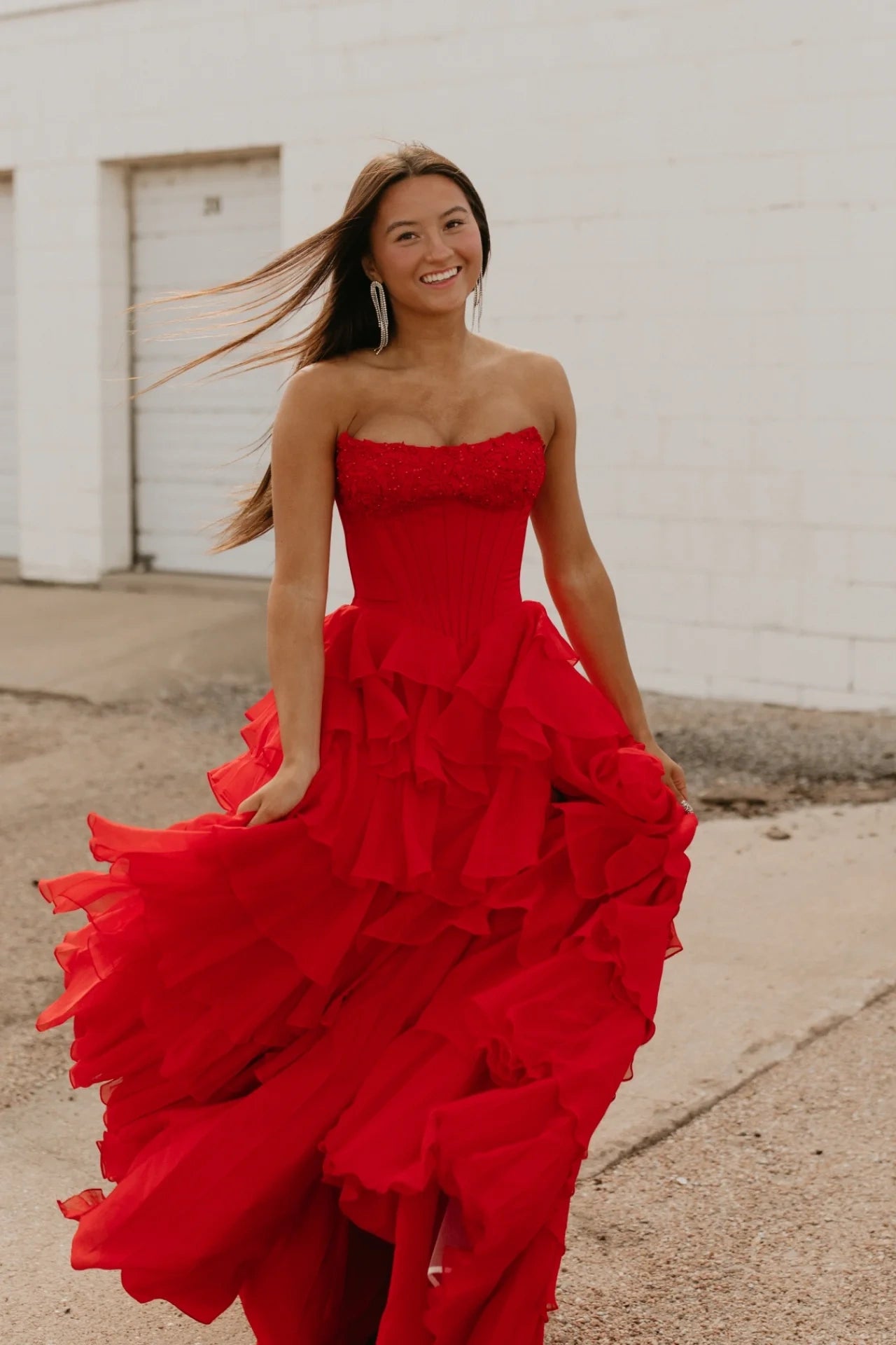 Strapless Pink Appliques Ruffled Long Dress with Slit