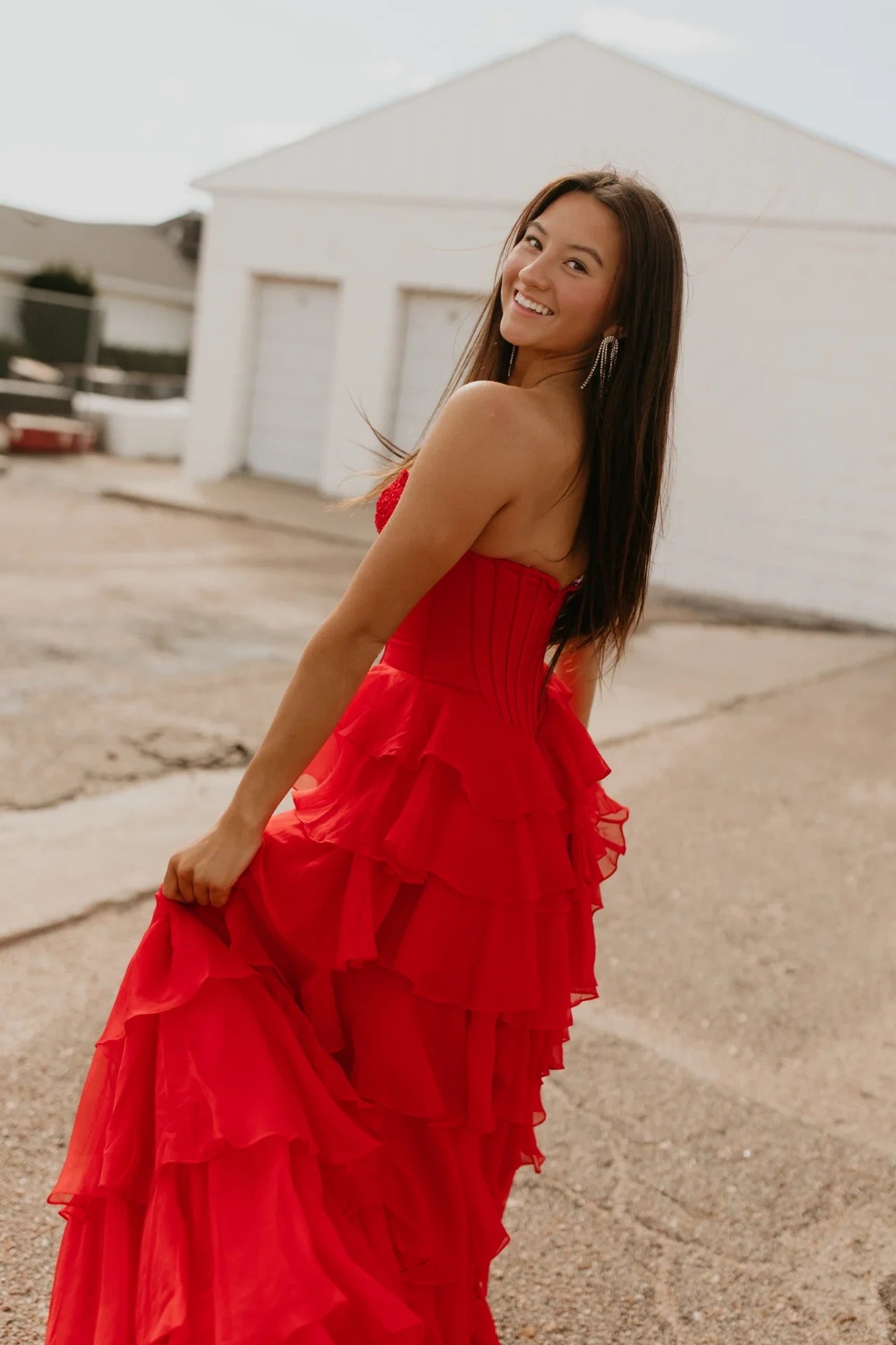Strapless Pink Appliques Ruffled Long Dress with Slit