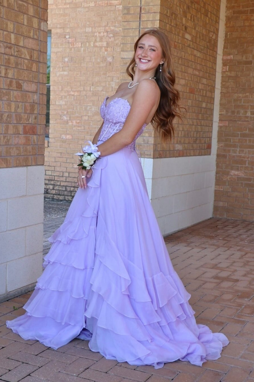 Strapless Pink Appliques Ruffled Tiered Long Dress