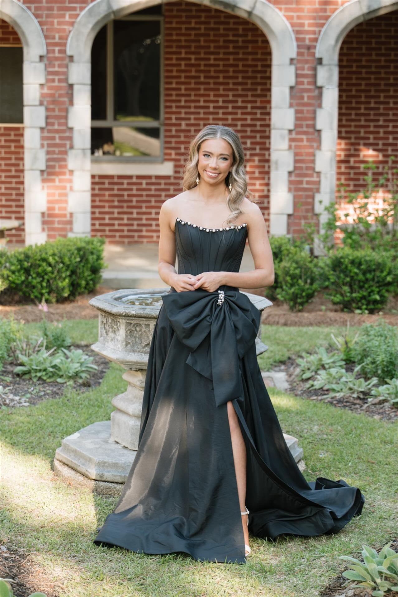 Strapless Black Bow Front Long Dress with Slit