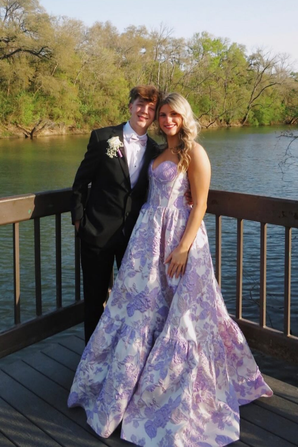 Strapless Pink Floral A-line Long Formal Dress