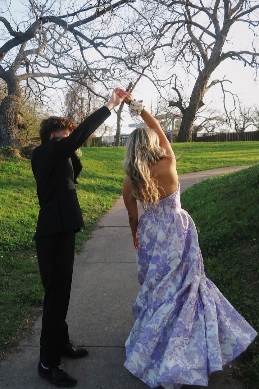 Strapless Pink Floral A-line Long Formal Dress