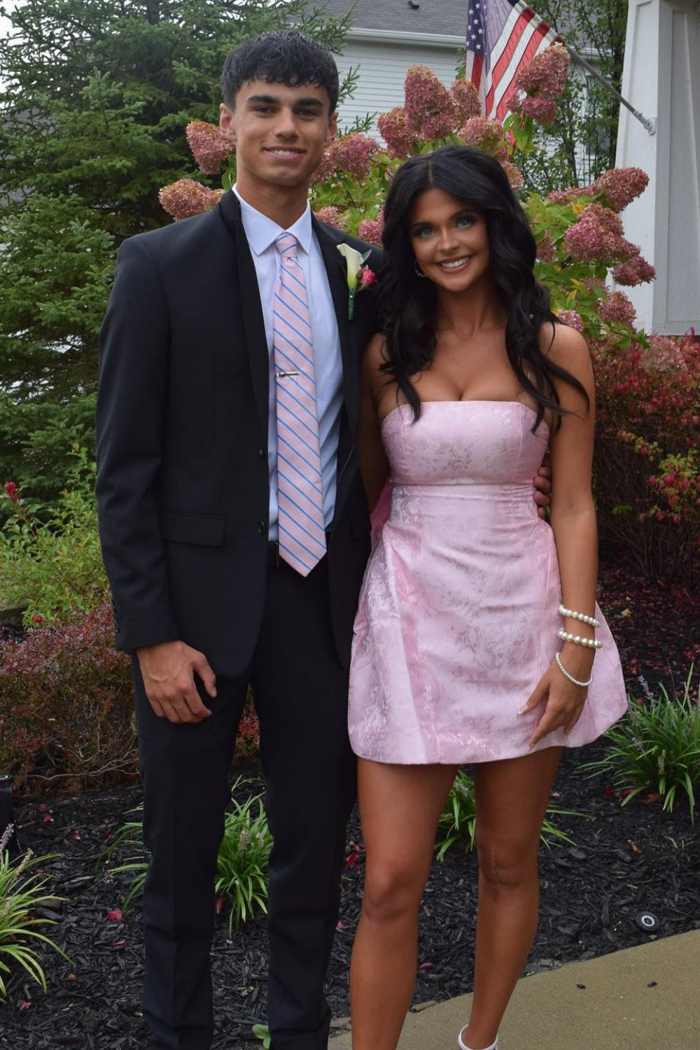 Strapless Pink Floral Print Short Dress with Bow