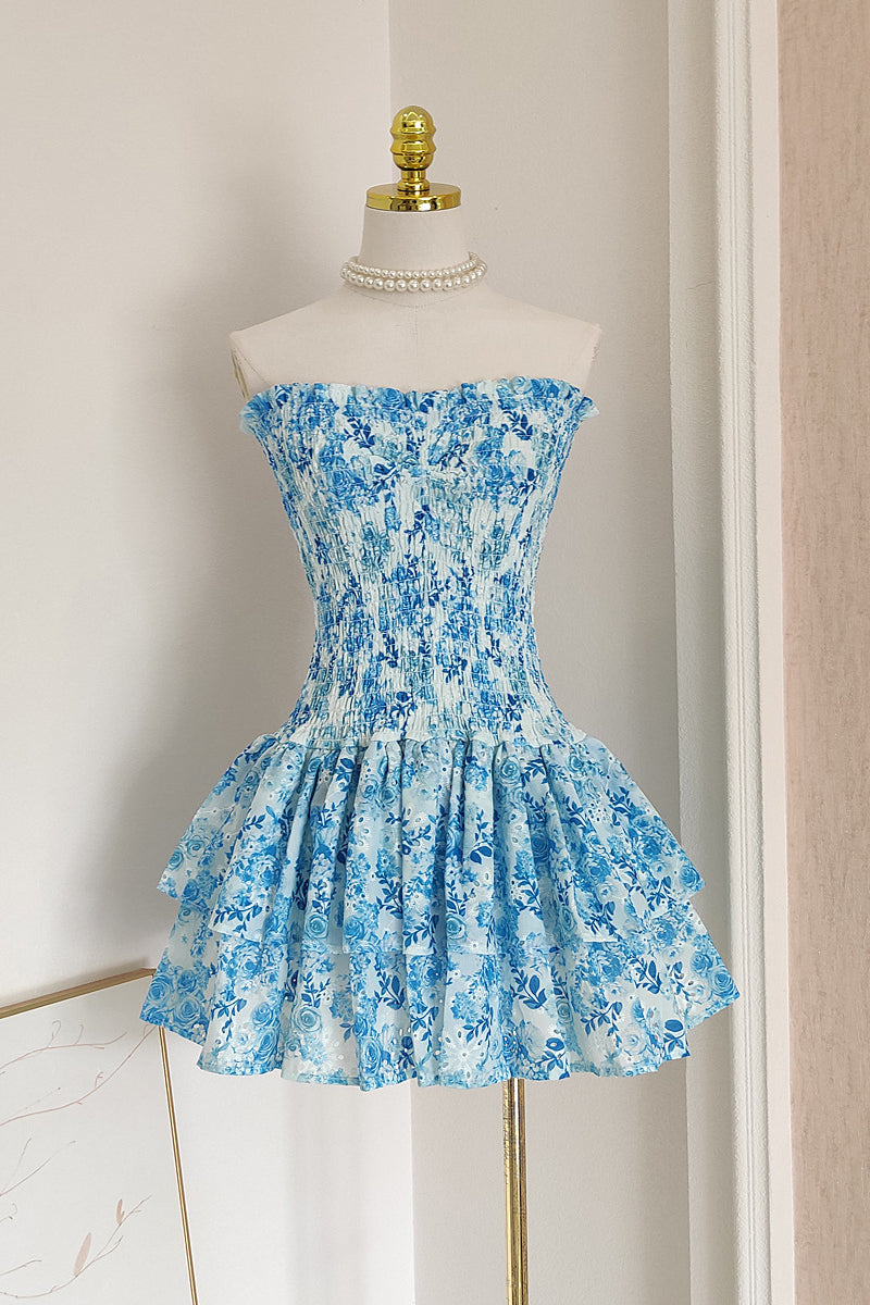 Strapless Pink Floral Print Tiered Short Dress
