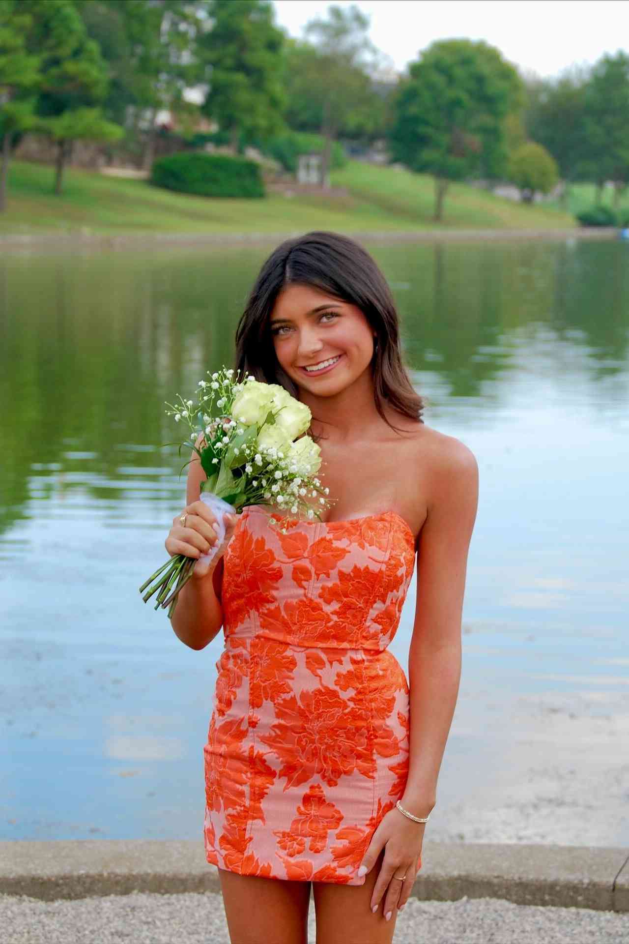 Strapless Pink Jacquard Short Dress with Slit