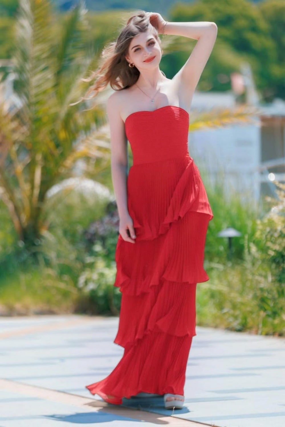 Strapless Pink Pleated Tiered A-line Long Dress