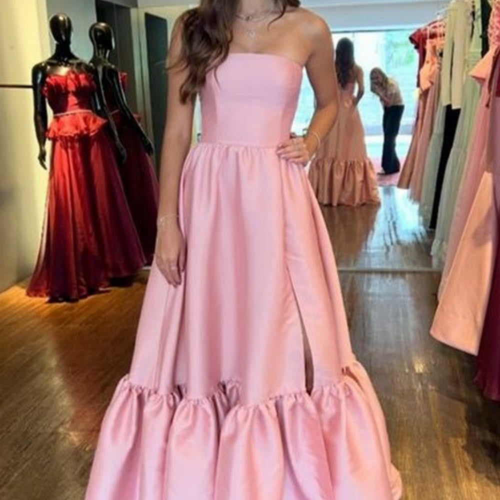 
                      
                        Strapless Pink Ruched A-line Long Dress with Slit
                      
                    