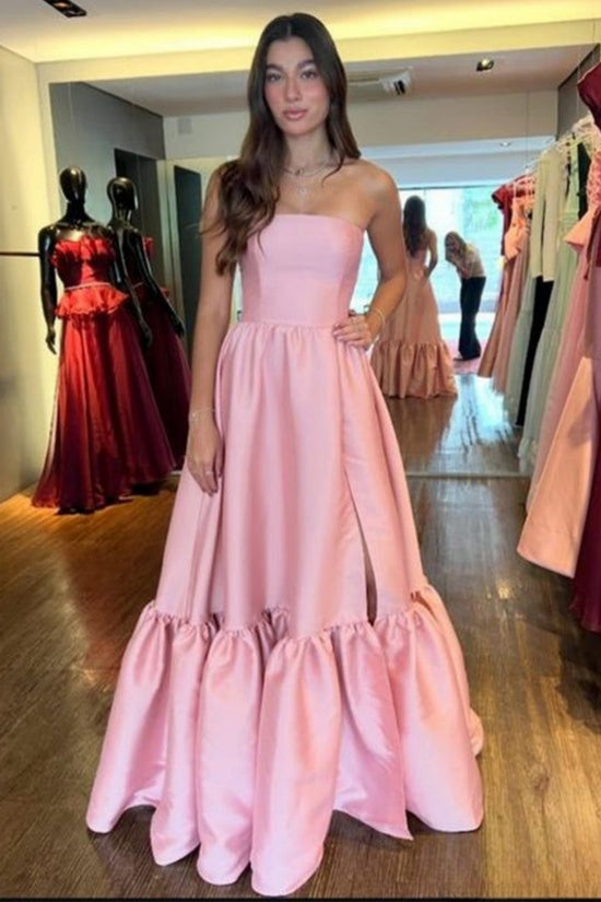 A-Line Floor-length V-neck Long Dress With Slit Candy Pink main image 1