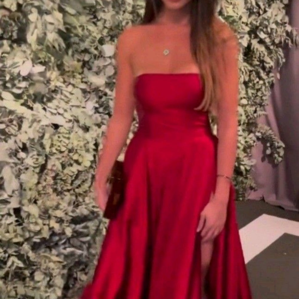 
                      
                        Strapless Pink Ruched A-line Long Dress with Slit
                      
                    