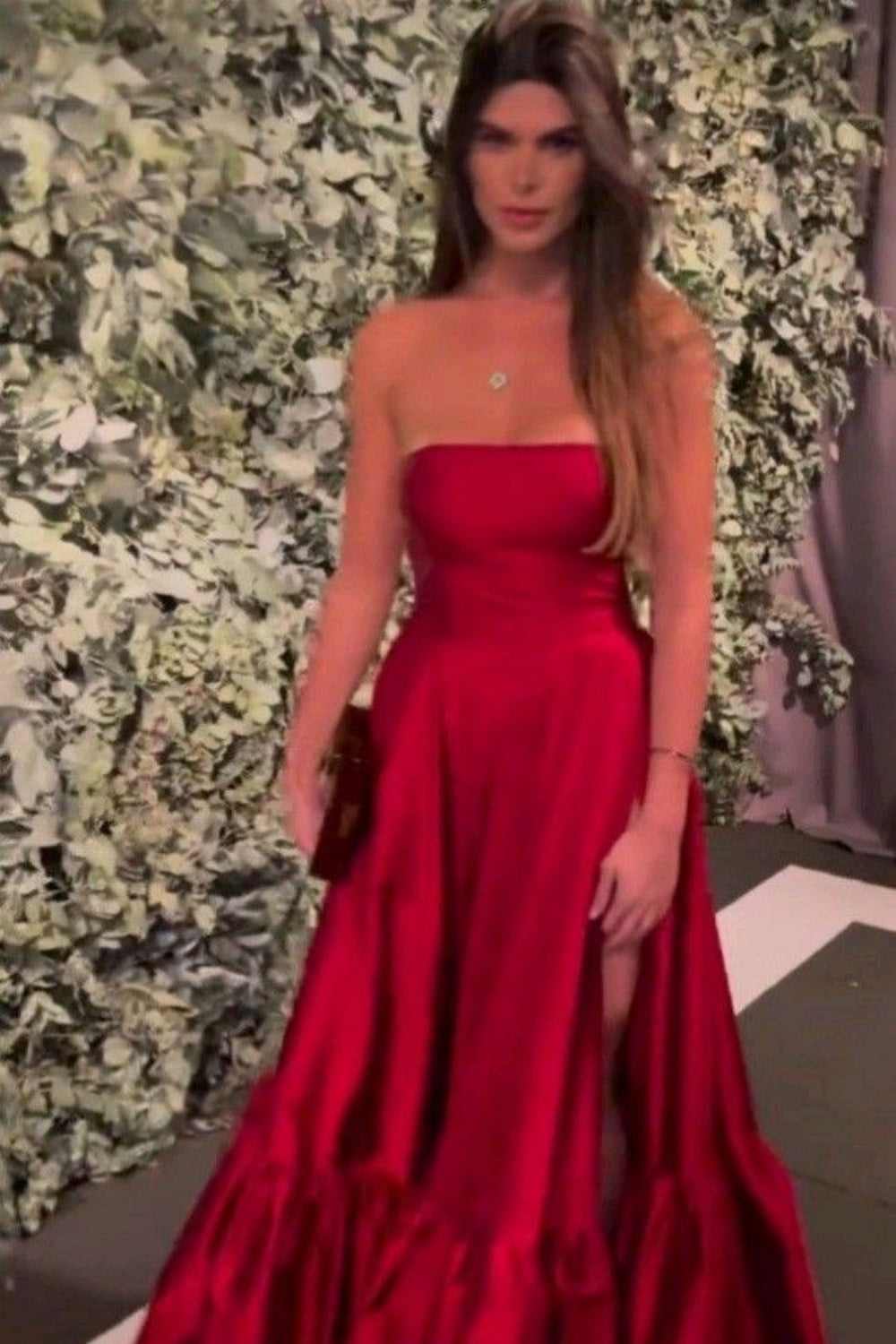 Strapless Pink Ruched A-line Long Dress with Slit