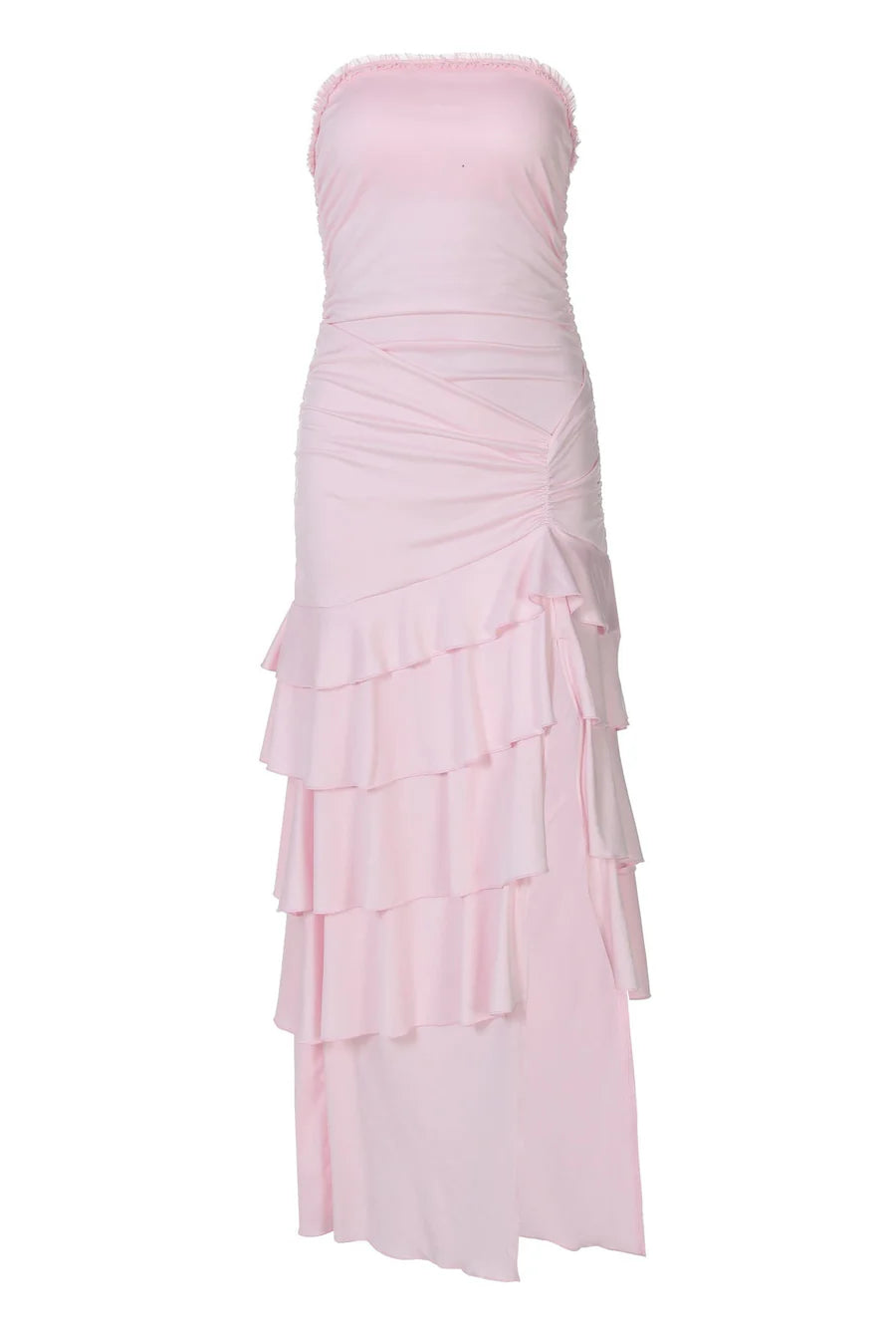 Strapless Pink Ruched Tiered Long Dress with Slit