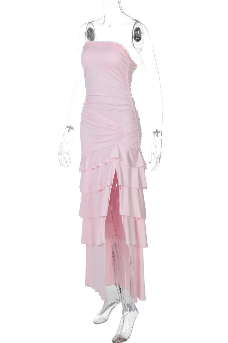 Strapless Pink Ruched Tiered Long Dress with Slit