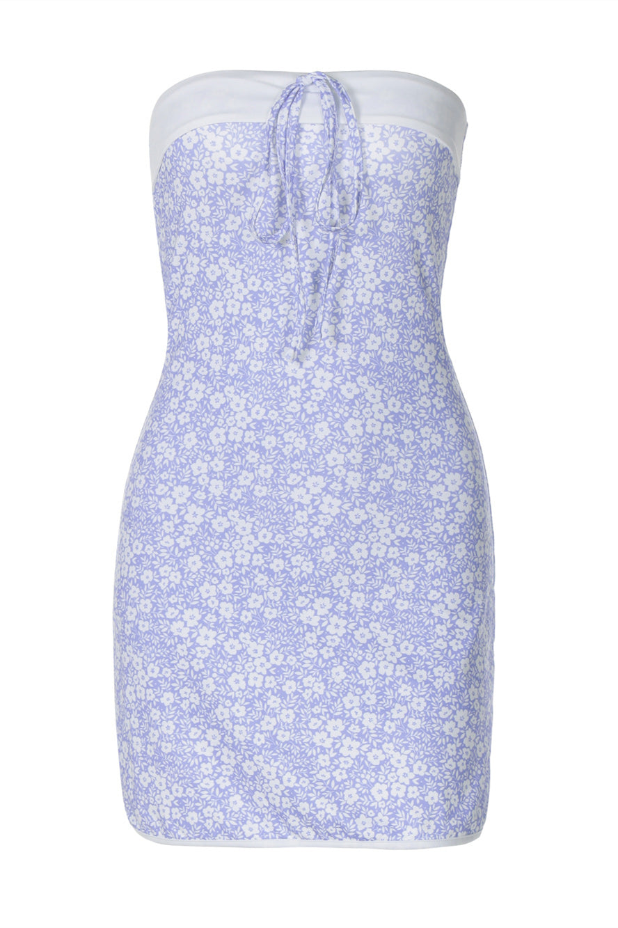 Strapless Purple Floral Print Tie Front Short Dress