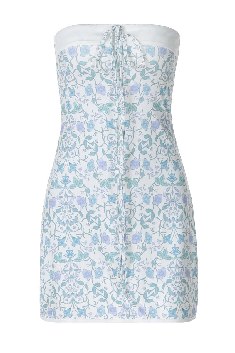 Strapless Purple Floral Print Tie Front Short Dress
