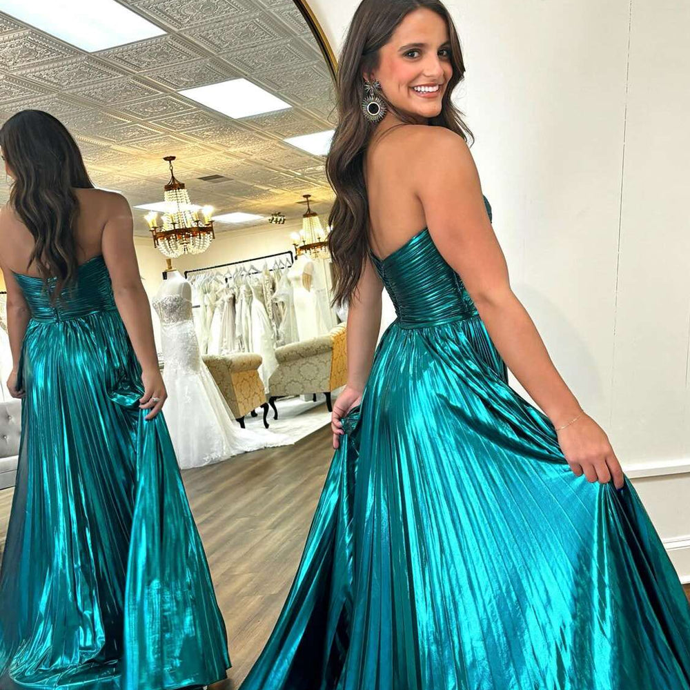 
                      
                        Strapless Purple Pleated Metallic Long Dress with Slit
                      
                    