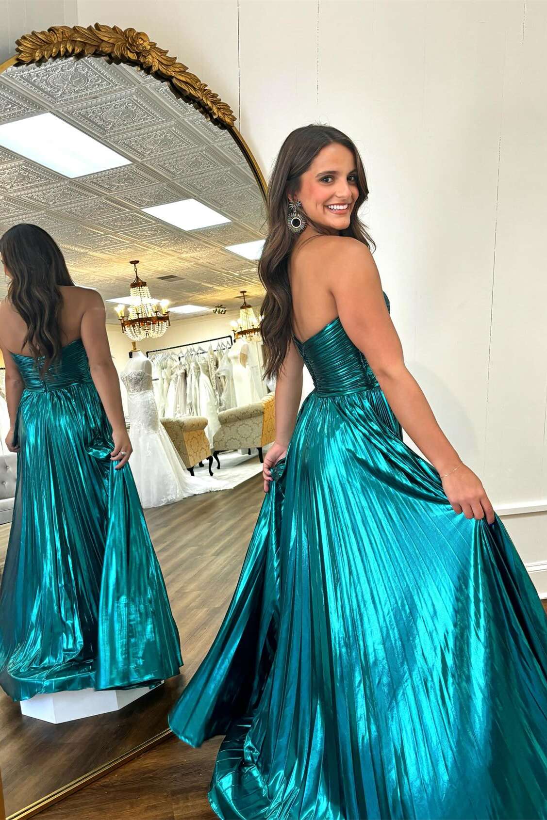 Strapless Purple Pleated Metallic Long Dress with Slit