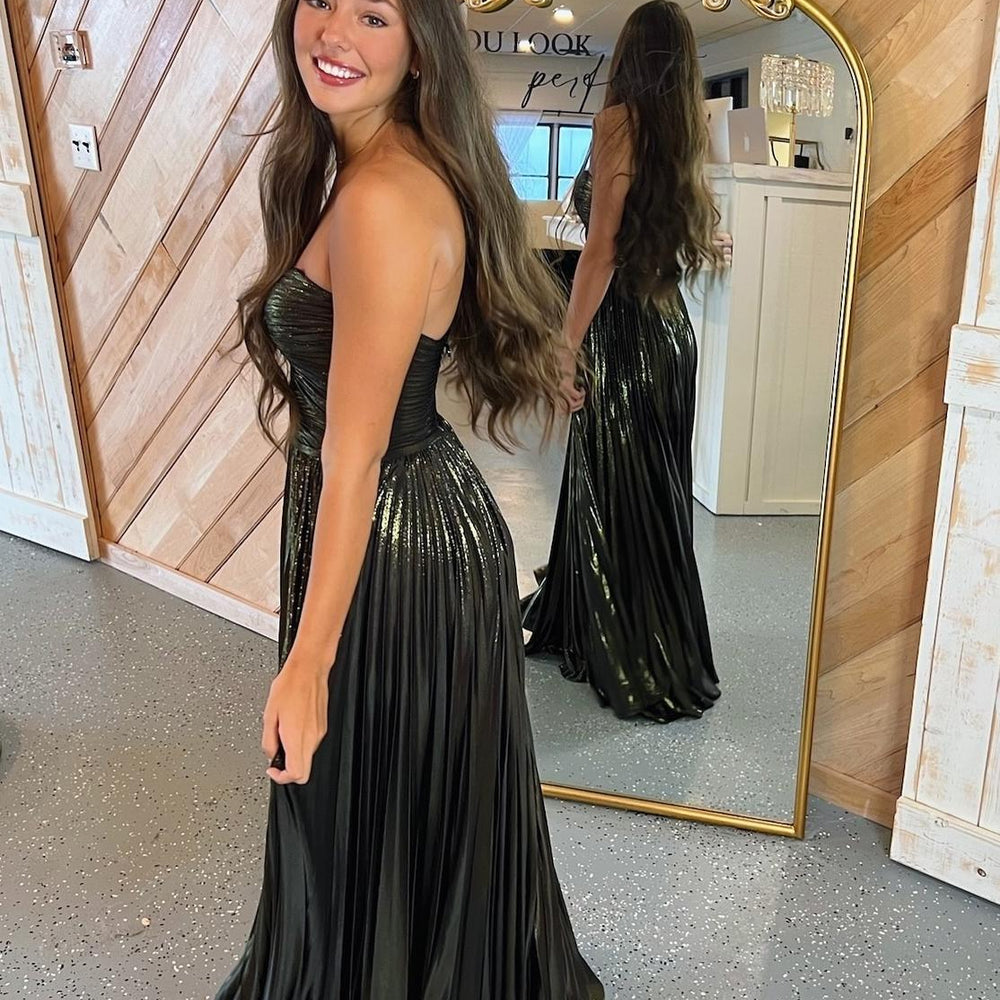 
                      
                        Strapless Purple Pleated Metallic Long Dress with Slit
                      
                    