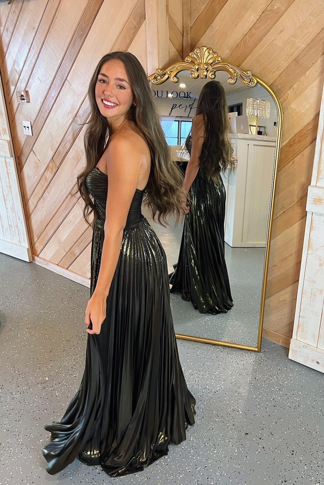 Strapless Purple Pleated Metallic Long Dress with Slit