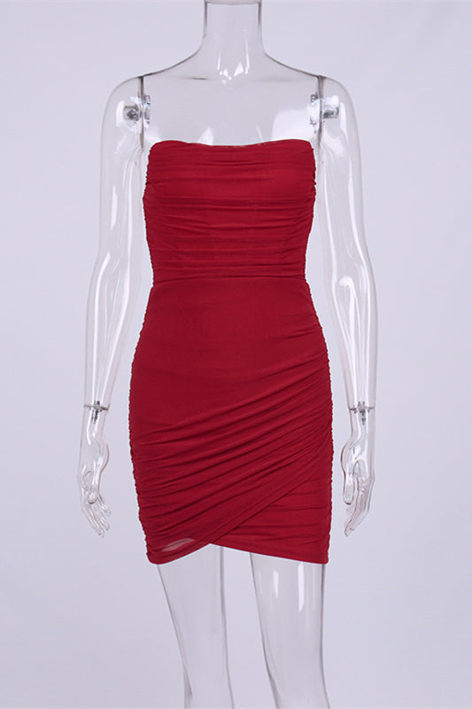 Strapless Red Ruched Bodycon Short Dress