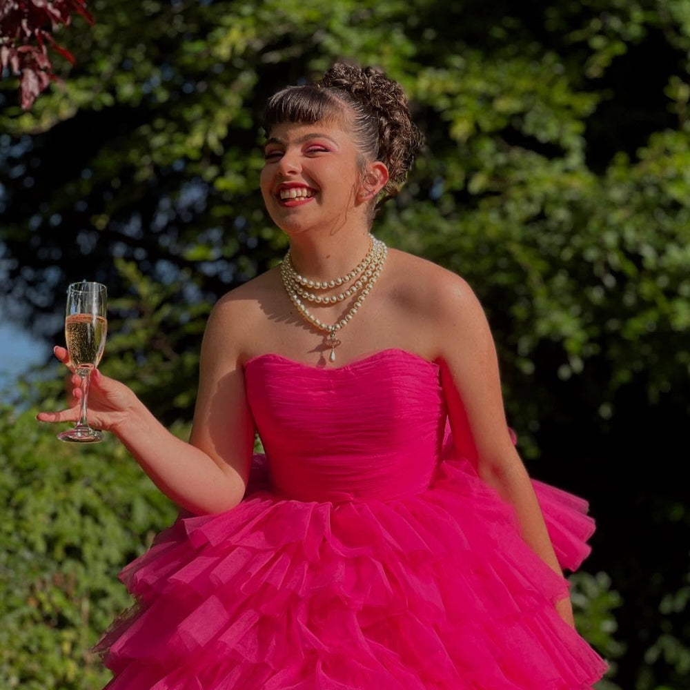 
                      
                        Strapless Red Ruffle Tiered Tulle Long Dress
                      
                    