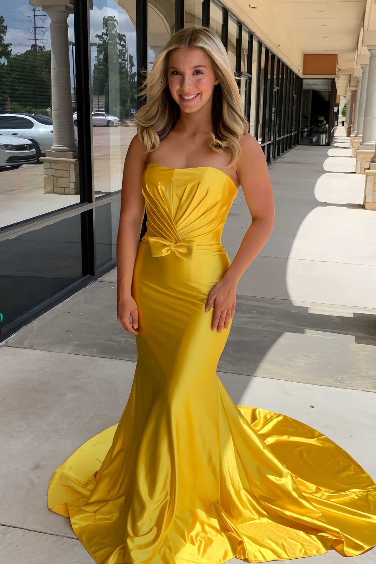 Strapless Red Satin Mermaid Lond Dress with Bow