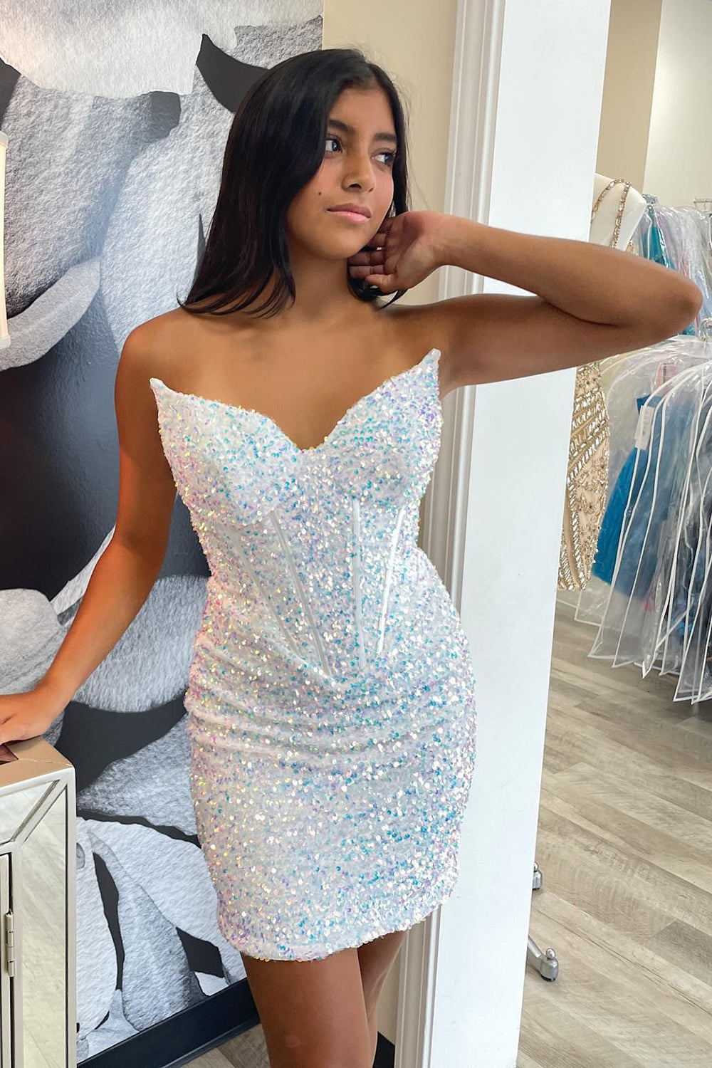 Strapless Red Sequin Bodycon Short Dress