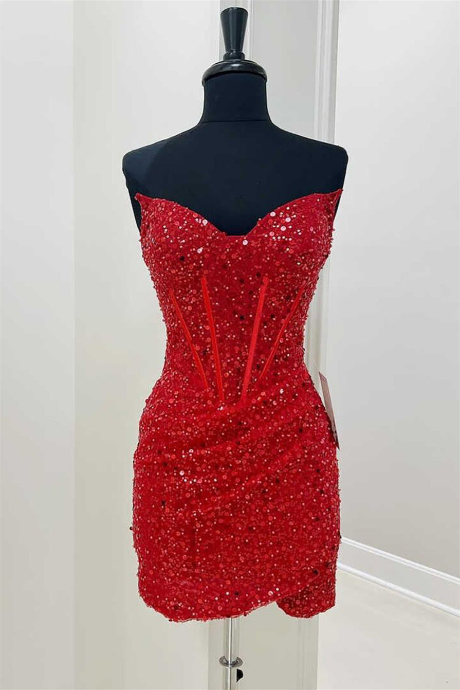 Strapless Red Sequin Bodycon Short Dress