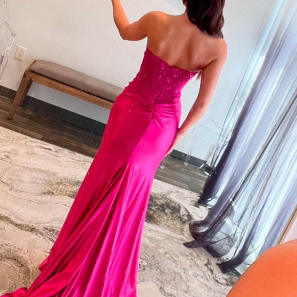 
                      
                        Strapless Royal Blue Appliques Long Dress with Slit
                      
                    