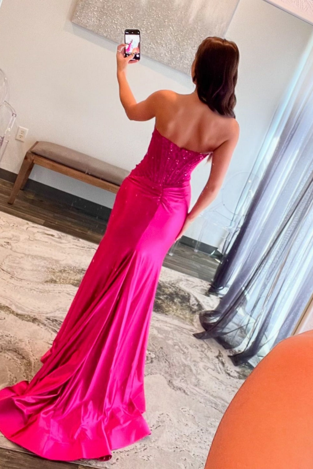 Strapless Royal Blue Appliques Long Dress with Slit