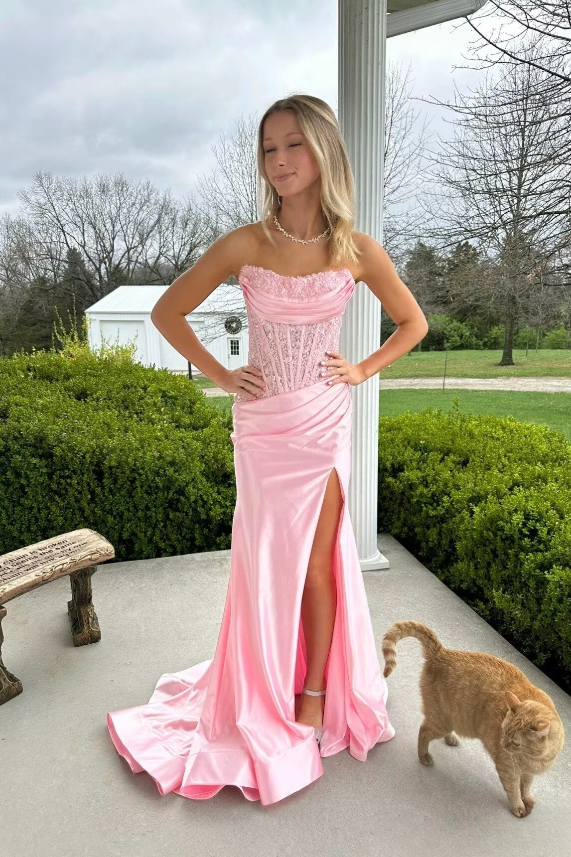 Strapless Royal Blue Appliques Long Dress with Slit