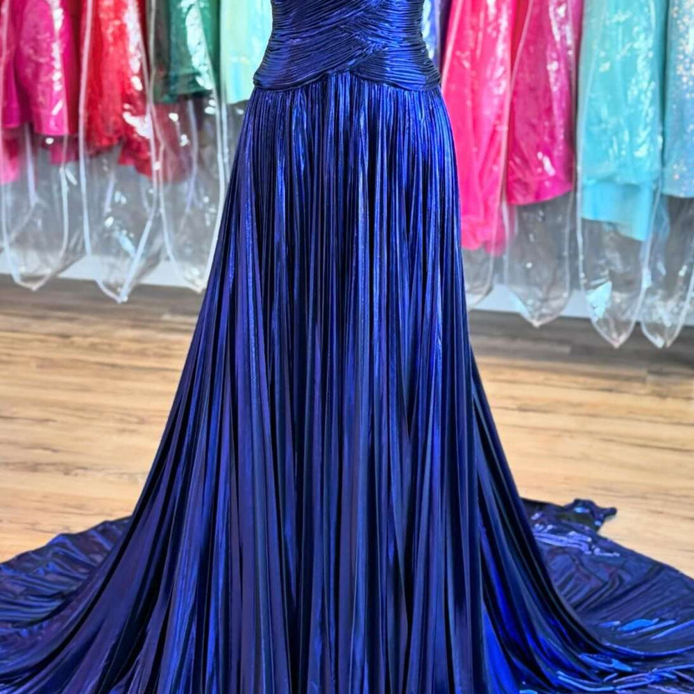 
                      
                        Strapless Royal Blue Pleated Metallic A-line Long Dress
                      
                    