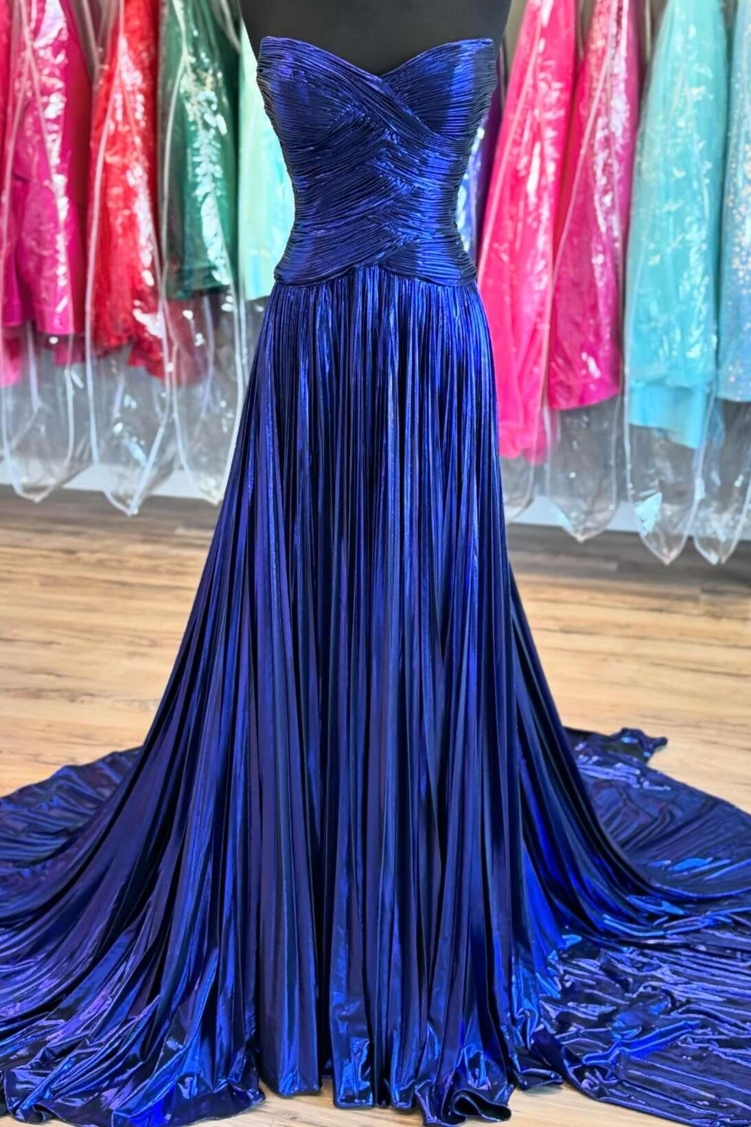Strapless Royal Blue Pleated Metallic A-line Long Dress