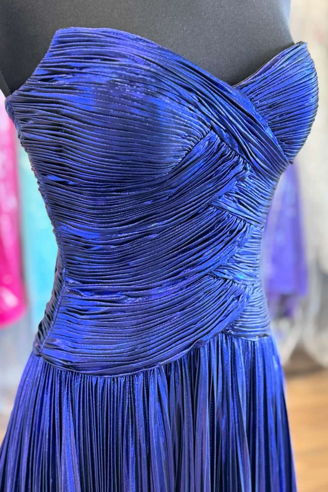 Strapless Royal Blue Pleated Metallic A-line Long Dress