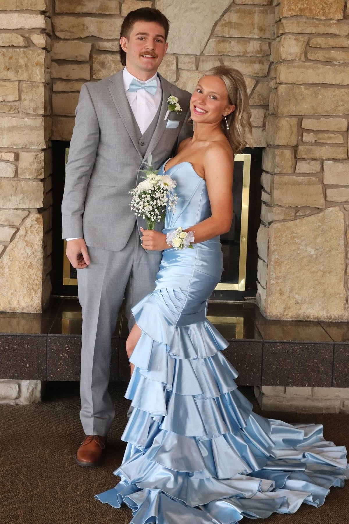 Strapless Royal Blue Tiered Long Dress with Slit