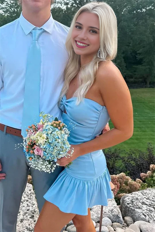 Strapless Sky Blue Ruffled Hem A-line Short Dress