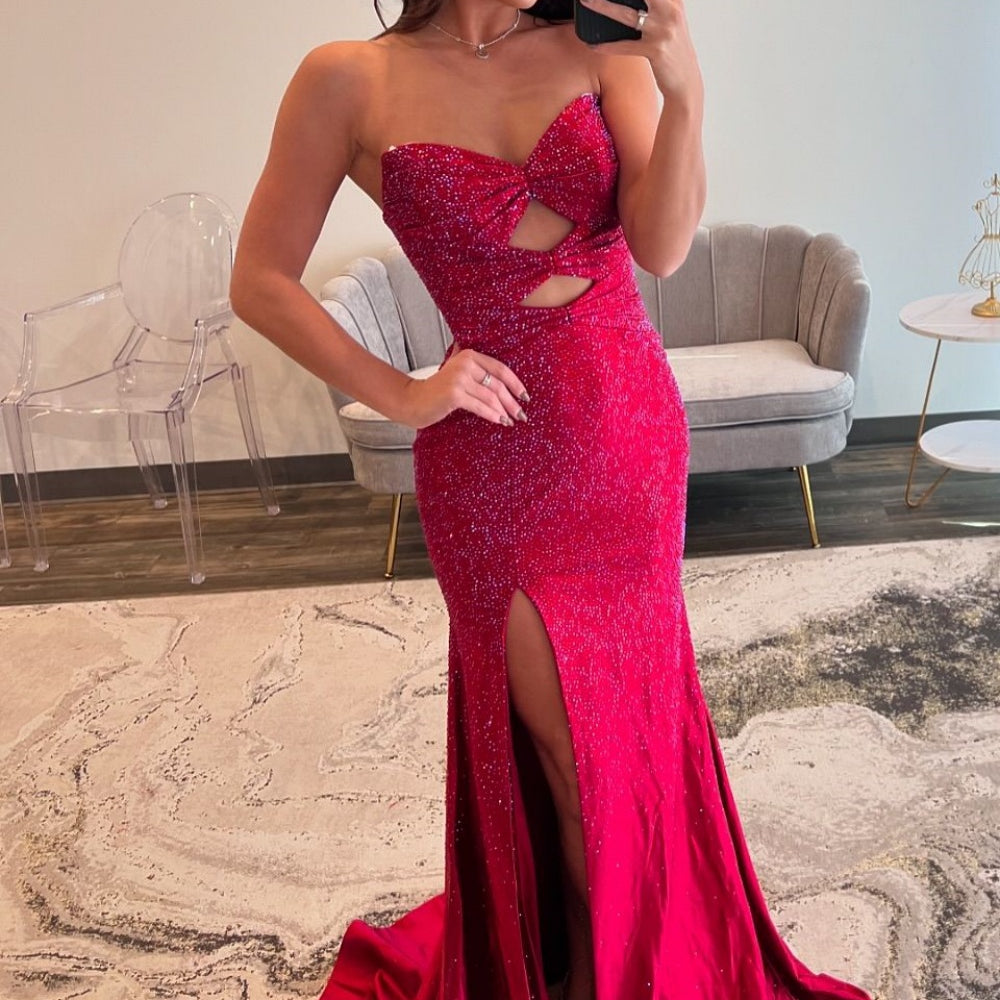 
                      
                        Strapless Teal Beaded Cut-out Long Dress with Slit
                      
                    