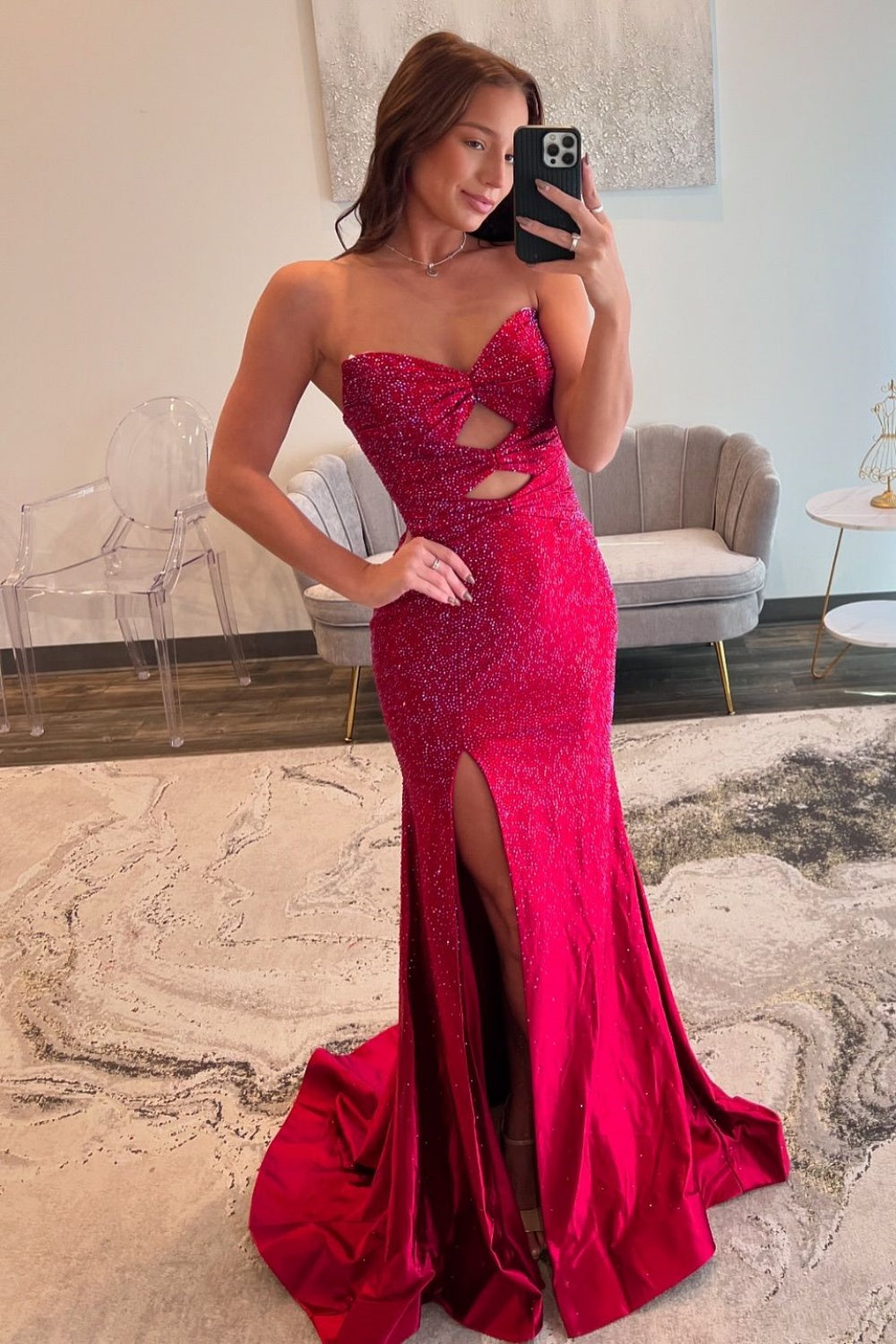 Strapless Teal Beaded Cut-out Long Dress with Slit