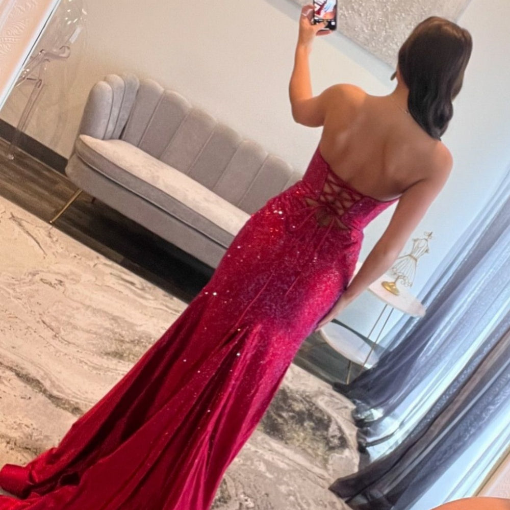 
                      
                        Strapless Teal Beaded Cut-out Long Dress with Slit
                      
                    