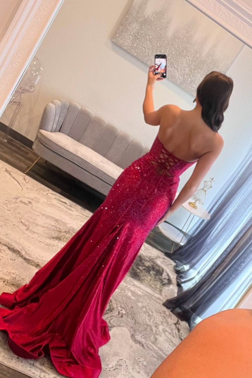 Strapless Teal Beaded Cut-out Long Dress with Slit