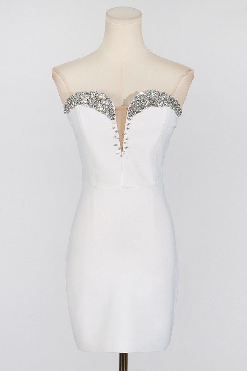 Strapless White Beaded Neck Bodycon Short Dress