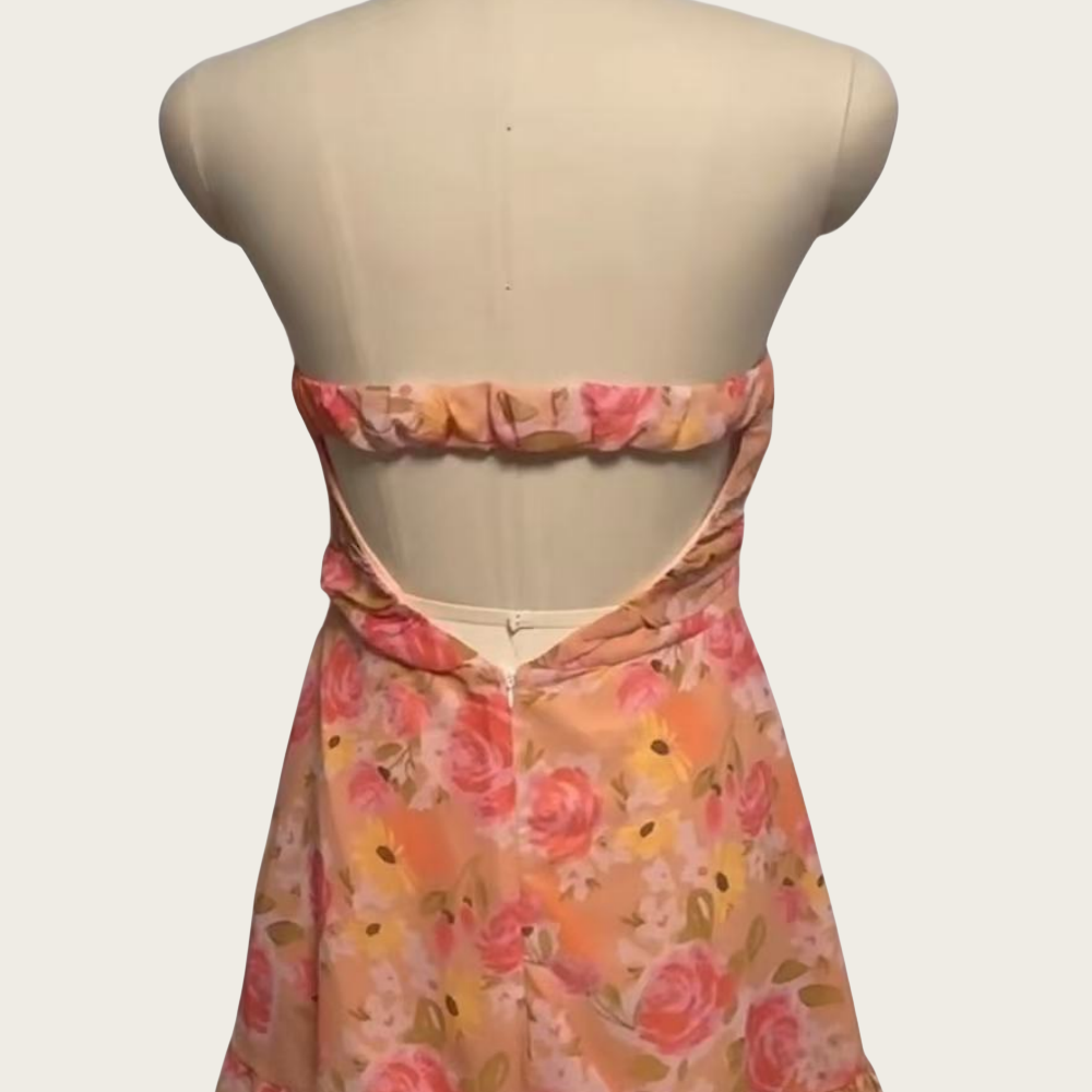 
                      
                        Strapless White Floral Print Ruffled Hem Mini Dress
                      
                    