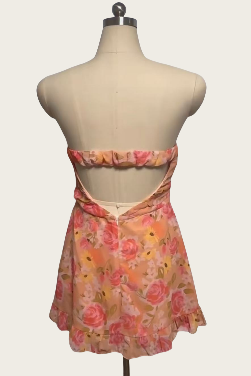 Strapless White Floral Print Ruffled Hem Mini Dress