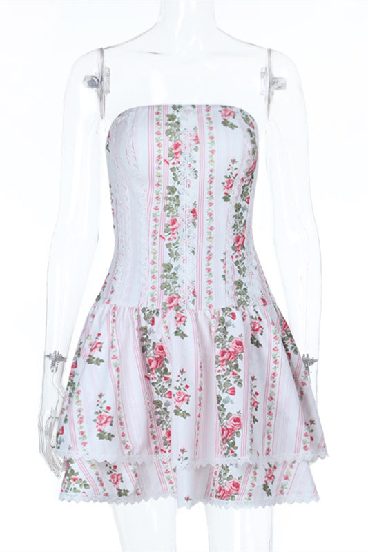 Strapless White Floral Print Tiered Short Dress