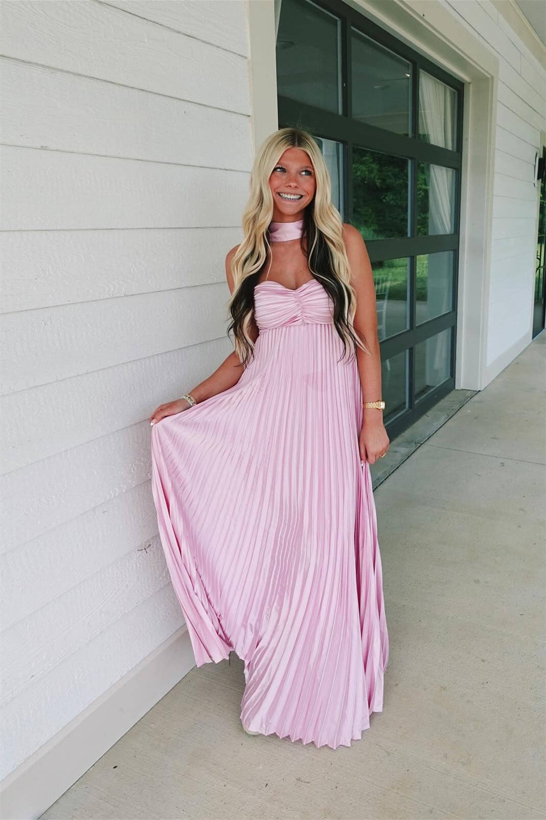 Strapless White Pleated A-line Long Dress with Scarf