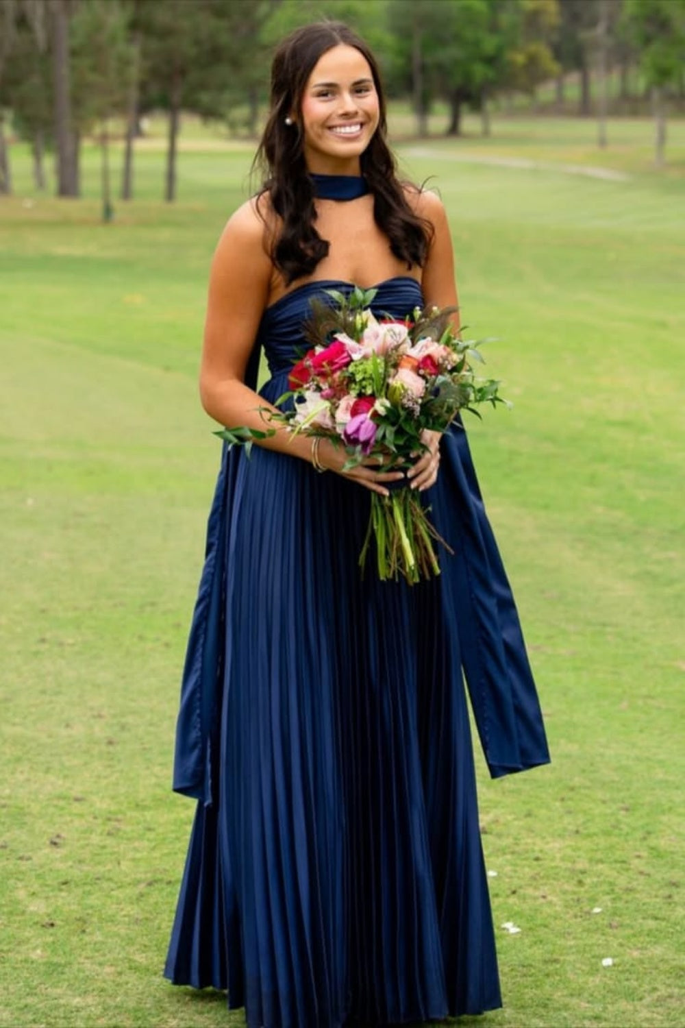 Strapless White Pleated A-line Long Dress with Scarf