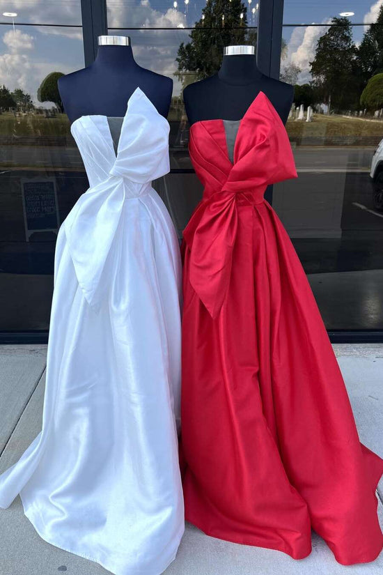 A-Line White Spaghetti Straps Pleated Long Ball Dress with Bow