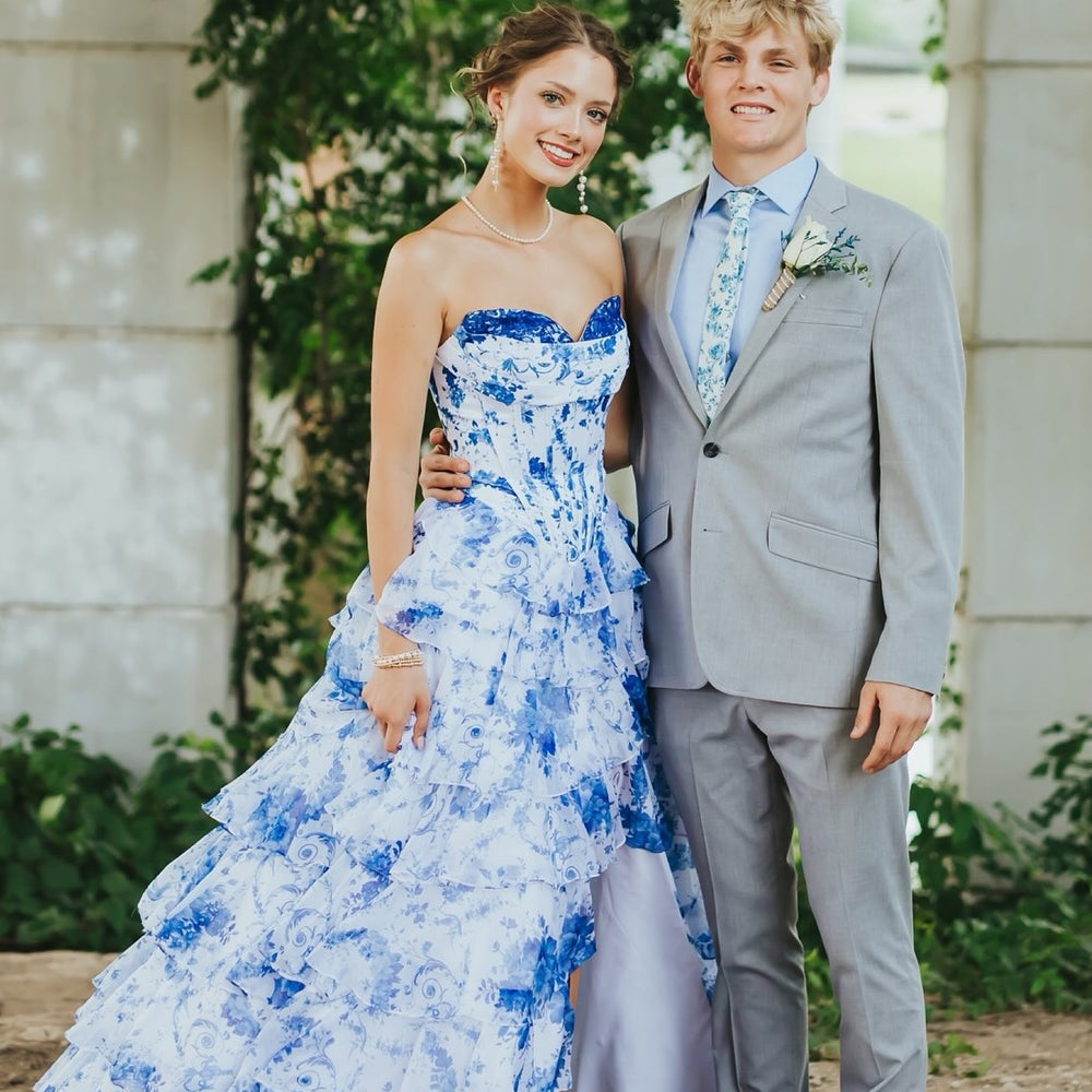 Strapless White and Blue Floral Print Tiered Long Dress PollyBoutique Strapless White and Blue Floral Print Tiered Long Dress PollyBoutique